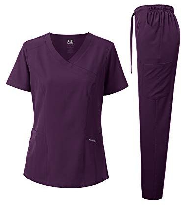 Dagacci Medical Uniform Women's Scrub Set 4-Way Stretch Y-Neck Stitch Tape Top and Pants (Egg Plant, Medium)