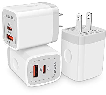 3Pack Dual Port USB-C Wall Plug-in USBC Charger, AILKIN 20W Power Delivery + QC3.0 USB A Double Port Fast Charging Block for iPhone 17 15 14 13 12 Pro Max 14 Pro Mini 16Pro Max 16 Plus 16E X XS Cube