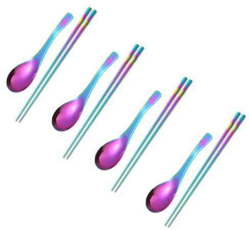 Juego de cucharas de sopa y palillos chinos de metal para 4 personas, juego de cucharas de acero inoxidable reutilizables para ramen de mango corto, asiático, regalo de Navidad, apto para lavavajillas