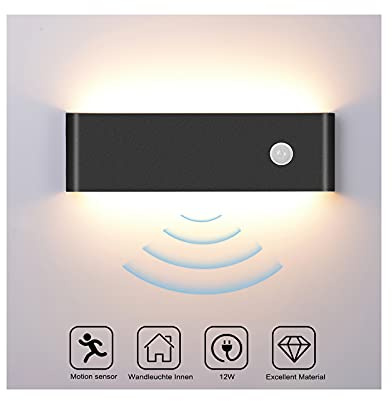 Audor Wandleuchte Bewegungsmelder Innen 12W Warmweiß, LED Wandlampe Innen Modern Up and Down Aluminium Innenleuchte, Wandleuchte Innen für Wohnzimmer/Flur/Treppen/Garage -Schwarz