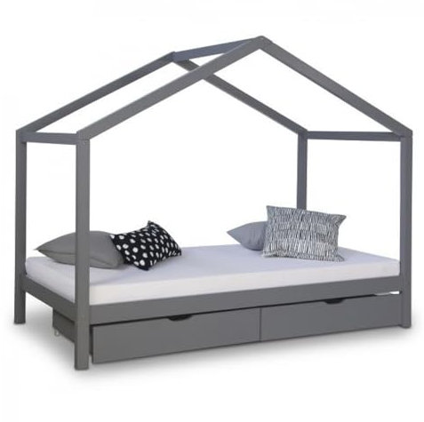 Homestyle4u 2076, Kinderbett 90x200 cm mit Matratze Lattenrost Bettkasten Hausbett Kinder Grau Holz Haus
