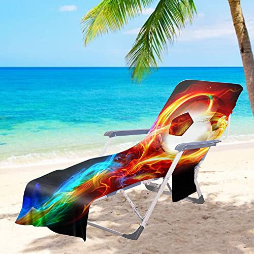 Morbuy Liegestuhl Handtuch mit Taschen, Strandtuch für Liegen Strandliegen Handtuch Handtücher für Strandliegen Mikrofaser Leicht Strandtuch, Kapuze für Besseren Halt (75x210cm,Flammenfußball)