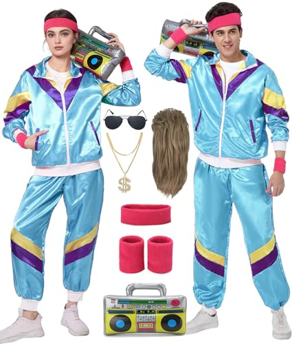 FOVER 80er Jahre Outfit Herren Damen Kostüm Trainingsanzug Pop Art Retro Stil Kostüm Accessoires set mit Aufblasbares Radio Sonnenbrille Halskette Schweißband für Mottoparty Fasching