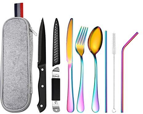 GOODFEER Campingbesteck 1 Person 9-tlg Edelstahl Reisebesteck, Bunt | Kompaktes Camping Besteck mit Messer, Gabel, Löffel, Strohhalm und Bestecktasche - ideal für Outdoor, Picknick und Büro