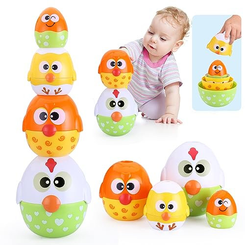 MOONTOY Baby Stapelspielzeug ab 1 Jahr, 8 PCS Ei Stapelturm Ab 1 Jahr Ostereier mit Überraschung, Montessori Spielzeug ab 8 10 11 12 Monaten, Stapelspiel Ostergeschenk für Kinder Jungen Mädchen