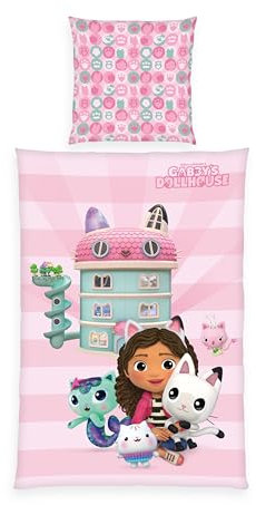 Herding Bettwäsche Gabby's Dollhouse, Kopfkissenbezug 70 x 90 cm mit Reißverschluss und Wende-Motiv, Bettbezug 140 x 200 cm, Mit Reißverschluss, 100% Baumwolle/Renforcé, Rosa