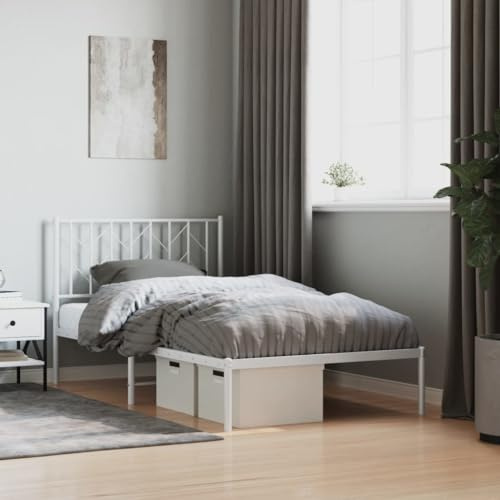 vidaXL Estructura de Cama con Cabecero, Somier de Listones de Invitados, Armazón Marco de Cama, Mueble para Dormitorio, Metal Blanco 100x190 cm