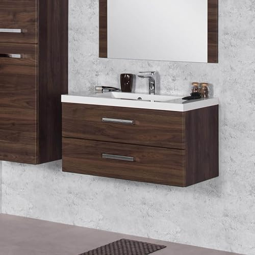 Quentis Badmöbelset Genua Breite 80 cm, Waschbecken mit vormontiertem Waschbeckenunterbau, 2 Softclose Schubladen, Nussbaum