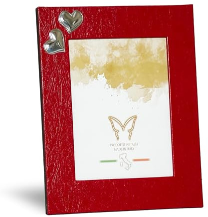 Cornice Portafoto da Tavolo 13x18, Similpelle stropicciata Rossa con Applicazioni Cuori in Argento PVD