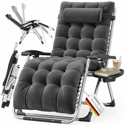 KESSER® Tumbona Plegable y Resistente | Silla de Jardín, Capacidad de 200 kg, Acolchado Ergonómico Extra Ancho, Respaldo Ajustable, Almohada para el Cuello y Portavasos