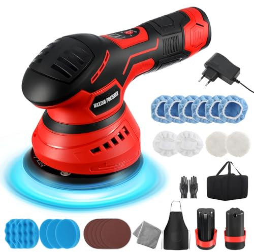 GEAREVER Kabelloser Poliermaschine für Auto, 12V Polierset mit 2 x 2000mAh Akkus, 6 Variable Geschwindigkeit Auto Poliermaschine SetTragbares kabelloses Polierset zum Auto Wachsen/ Polieren/ Polieren