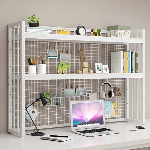 FPIGSHS Computer-Schreibtisch-Bücherregal, 2 -Ebenen Schreibtisch Organizer Regal Aus Holz Und Metall,einstellbare Lagerregal Büroregal Aktenregal Für Wohnheim Büro Hause (Weiß, 75cm)