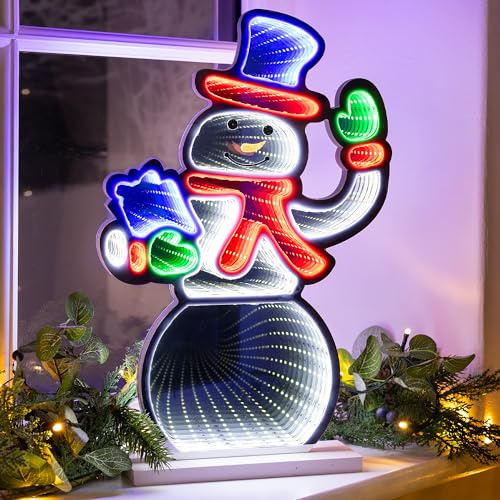 CHRISTOW Snowman Infinity Light, LED Tunnel Effect | Snowman Christmas Decoration, 3D Infinity Tunnel Effect, Multi-Colour LEDs, Double-Sided Display, Wooden Base, Mains Powered