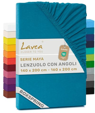 Lavea® Spannbettlaken 140-160x200 cm - für Boxspringbett – Aquamarin | Jersey Spannbetttuch mit 40 cm Steghöhe, 100% Baumwolle, weich, atmungsaktiv, pflegeleicht, formstabil – Perfekte Passform