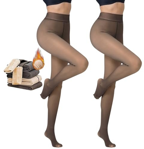 Puimentiua Fleece Lined Leggings Women Thermal Tights Translucent Warm Fleece High Waist Snag Tights,300g, Coffee Skin*2