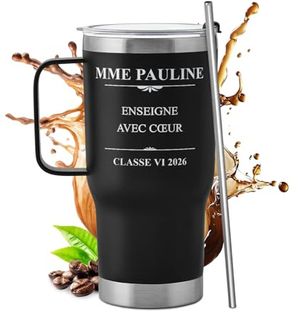 Maverton Mug Isotherme Personnalisé Noir 600 ml en Inox | Avec Paille Brosse de Nettoyage et Boîte, Chaud 6h/Froid 10h, Cadeau Anniversaire Homme Femme Couple, Mariage, Noel