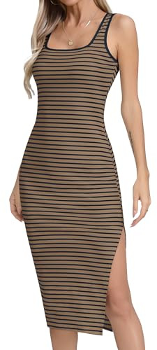 Missufe Damen Sommerkleid Midikleid Bodycon mit Schlitz Enges Streifen Bleistiftkleid (Braun, Medium)