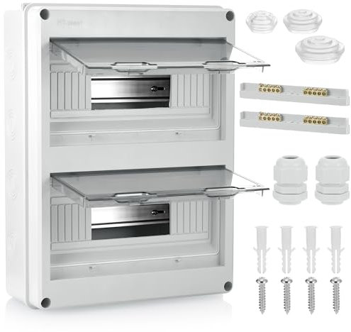 JIZZU DIN Rail Enclosure Box 24 Module - Consumer Unit Box, Surface-mounted Circuit Breaker Distribution Boxes with Assembly Tool, IP65 Waterproof for Workshops Garage Caravan Outsaid Buildings