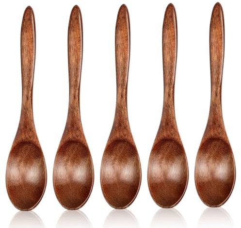 SGERUFZ 5 Stück Handgefertigter Holzlöffel Natürliches Nanmu Suppenlöffel Mischen Rühren Kochen Wooden Spoon für Heiße Schokolade Honig Kaffee Tee Küchenzubehör (Braun)