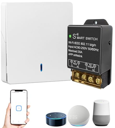 QIACHIP WLAN Smart Relais Schalter 30A 230V, Ewelink App Fernbedienung, Sprachsteuerung Kompatibel mit Alexa & Google Home, für Hochleistungsgeräte wie Durchlauferhitzer & Heizungen, inkl Funkschalter