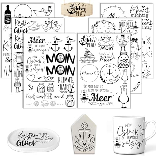 6 Stück A5 Rub On Sticker Transferfolie Maritim Moin Sprüche | für Glas, Holz, Möbel & Keramik, DIY Basteln, Scrapbooking, Küste, Anker, Leuchtturm, Muschel, Wellen Design