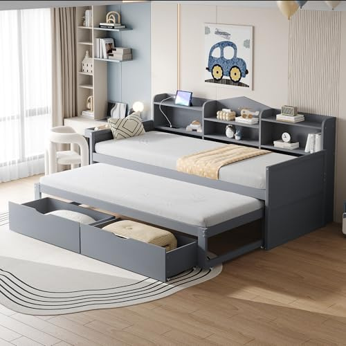 Schlafsofa 90x200 cm Ausziehbett 90x190 cm mit Zwei Schubladen Stauraum Daybett mit großem Staufach und Ablagekorb USB-Steckdose Tagesbett Einzelbett Gästebett Grau