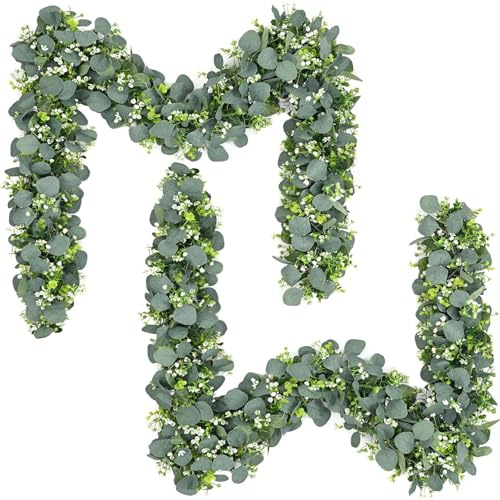 FEADBYT Künstliche Girlanden Eukalyptus, 1,8m, 2 Stück Eukalyptus Girlande, Künstliche Girlande Pflanze, Pflanze HängepflanzeKünstliche mit Weidenblättern, für Wanddekoration