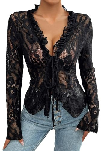 Top Dentelle Femme Sexy, Chemise Femme Manches Longues Transparent Cardigan Décontracté Couleur Unie Blouse avec Cordon De Serrage Haut Chic Et ÉLégants Slim Tunique pour Banquet Tendance Club