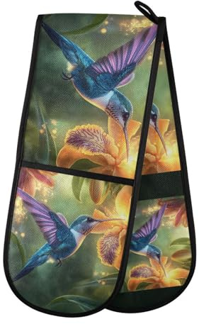 Quteprint Maniques doubles matelassées pour cuisine, barbecue, barbecue et micro-ondes - Résistants à la chaleur - 17,8 x 88,9 cm de long - Motif colibri - Jaune