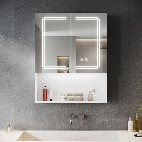 SONNI LED Spiegelschrank Bad, 75x60 cm, Weiß, 2 Türig mit Steckdose | Anti-Beschlag. 3 Lichtfarben, stufenlos dimmbar. Mit Memory-Funktion. HD-Spiegel & Offener Stauraum. Metall