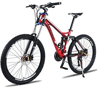 Wmmner Unisex mountainbike, 26 tums ram i aluminiumlegering, 24/27 växlad dubbelfjädrad MTB-cykel med dubbel skiva/röd/27 hastighet