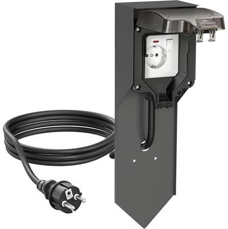 ledscom.de Colonne de Prises POXO avec Piquet de Terre et 2m de câble pour l'extérieur, IP65, Simple, Anthracite/Noir, rectangulaire, 40cm