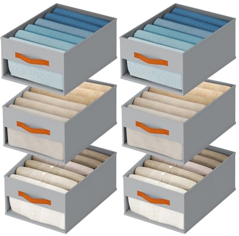 Homsorout Groß Aufbewahrungsboxen Stoff - Aufbewahrung Boxen 34 x 25 x 16 cm Kleiderschrank Organizer, 6er Set Storage Boxes Faltbare Aufbewahrungskorb für Kleidung, Hosen, Socken, Grau
