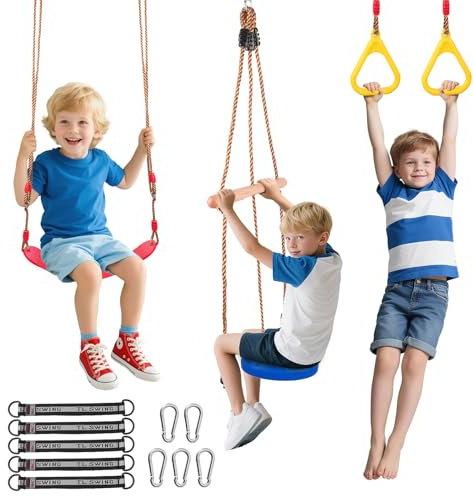 Balançoire trapèze 3 en 1 pour Enfants, intérieur et extérieur, avec Anneaux de Gymnastique en Plastique et Planche de balançoire en Bois - Hauteur réglable et Plaisir d'escalade Durable