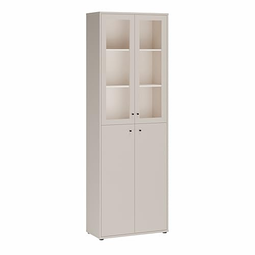 Forte TEMPRA2 Vitrine 70 80, Moderne Standvitrine mit 4 Türen, Holzwerkstoff, Kaschmir Beige, 73,7 cm breit x 216,7 cm hoch x 34,8 cm tief