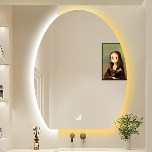 Specchio da bagno retroilluminato a LED da parete, a forma di uovo, luminosità regolabile, riflessione HD, 3 colori, 70 x 90 cm, perfetto per la toilette e la decorazione del bagno