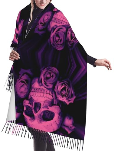 BLWSLC Lila Totenköpfe und Rosen, langer Quastenschal, leicht und warm, perfekt für Reisen, Alltag und Outdoor-Aktivitäten.