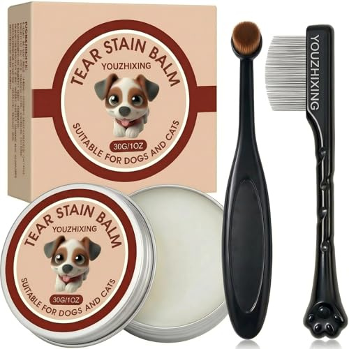 4-in-1 Tear Stain Remover Kit for Dogs & Cats - 1oz Natural Eye Balm with Pro Application Brush & 2 Stainless Steel Combs - Professional Eye Gunk (3in1)
