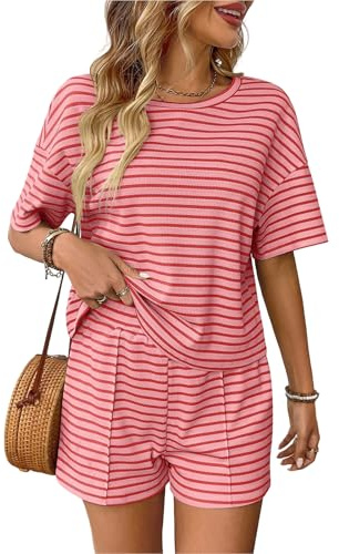 crazy bean Conjunto Chándale Mujer Verano 2 Piezas Casual Pantalones Cortos y Top Camiseta Manga Corta a Rayas Cuello Redondo Deportivo Rosa L
