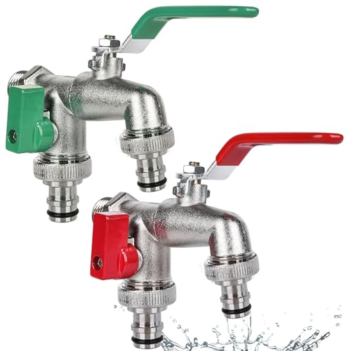 2 pz doppio rubinetto da giardino, 1/2 pollice valvola a sfera doppio rubinetto rubinetto di scarico 1/2 e 3/4 rubinetto esterno con nastro PTFE e guarnizioni, rubinetto universale per lavatrice