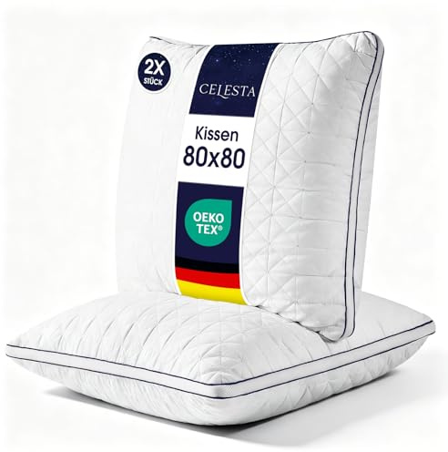 CELESTA 80x80 Kopfkissen, 2er Set - Hotelqualität Mikrofaser-Kissen mit Reißverschluss Flauschige Schlafkissen,Atmungsaktiv, waschbar, Oeko Zertifiziert