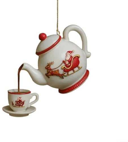 Dolvitrny Vintage Christmas Teapot Ornament – 2D Acrylic Festive Tea Cup & Pot Decor with Holly Leaves and Red Berries, Tea-Themed Holiday Ornament(E)
