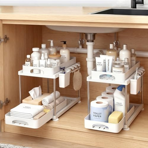 TOQUE Under Sink Organiser 2 Pack, Adjustable Height 2 Tier Pull Out Drawers, Kitchen Cabinet Storage Shelf, Heavy Duty Slide Out Under Sink Storage with Hooks for Bathroom, White
