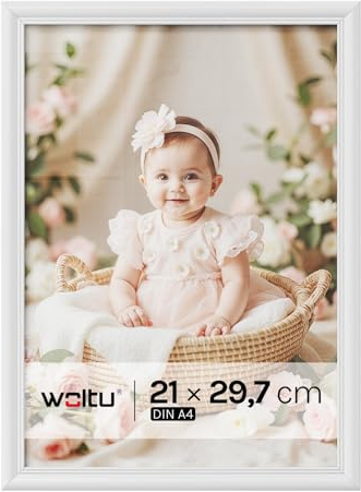 WOLTU Bilderrahmen A4, Weiß, Massivholz Fotorahmen mit Passepartout