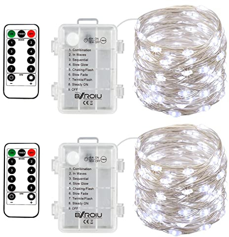 BXROIU 50Leds Guirlande Lumineuse a Pile,5 mètre Micro Argent Câble 3AA Opération batterie étanche avec télécommande 8 Programme (Blanc Froid, Pack de 2 (3×AA, non incluses))