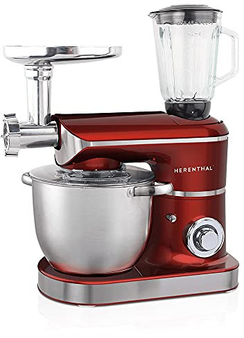 Herenthal Prima linea robot da cucina tripla funzione da 7,5 litri planetaria, tritacarne, frullatore da 1,5 litri, con motore da 2200W di potenza, di colore rosso utensili inclusi in omaggio