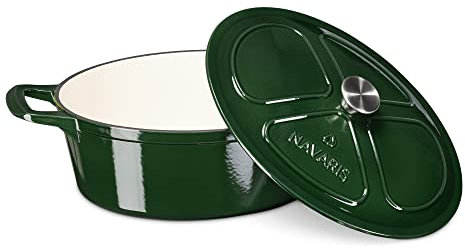 Navaris Pentola in Ghisa Smaltata - Casseruola da Forno a Legna 7,7L - Pirofila con Coperchio - Cottura Fornelli Gas o Induzione - Forma Ovale - Verde