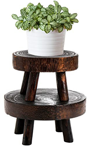 TOPZEA Set of 2 Mini Wooden Stool Display Stand, Wood Riser for Bonsai, Flower Pot, Small Potted Plant Stands Round Rustic Planter Stools Pedestal Risers for Garden, Patio, Home