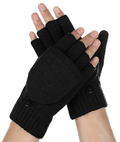Achiou Convertible Mittens Fingerless Gloves for Men and Women, Thermal Knit Touchscreen Gloves with Flip Cover for Texting, Driving, Outdoor