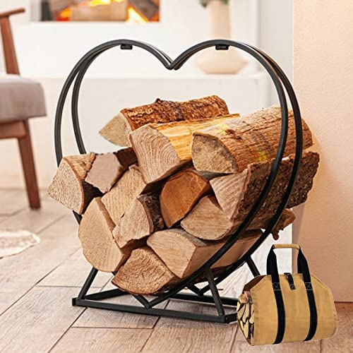 FQMYLTYN Kaminholzregal mit Holztasche für Kaminholz, Metall Herz Kaminholzständer für Innen Kamin, Schwarz Holzstapelhilfe für Wohnzimmer Außenbereiche und Garten